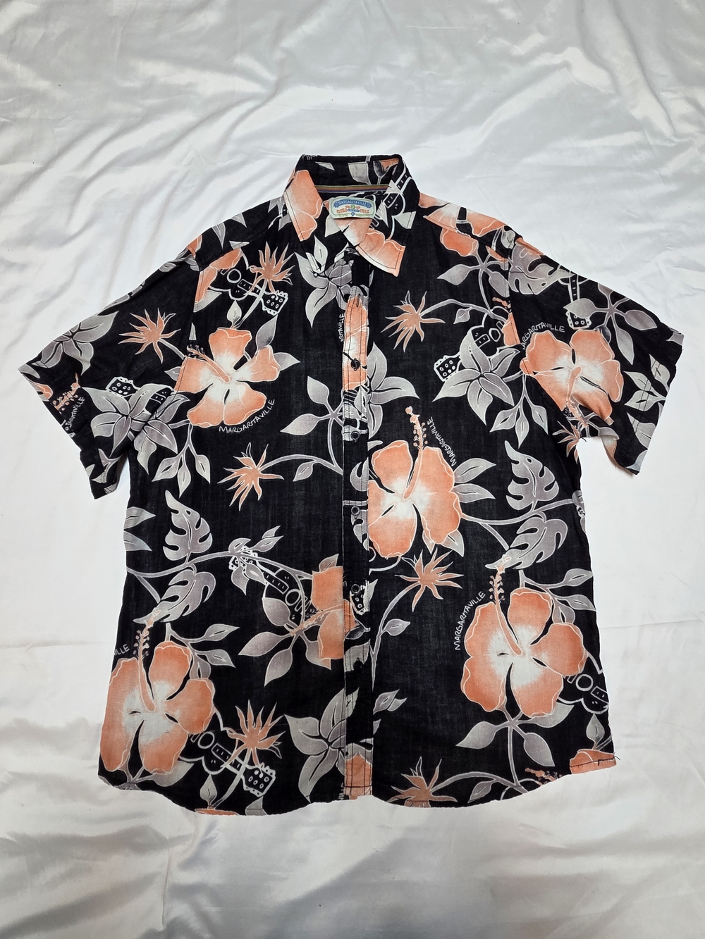 Margaritaville Black Short-Sleeve Hawaiian Shirt with Peach Floral 100% Alagoon